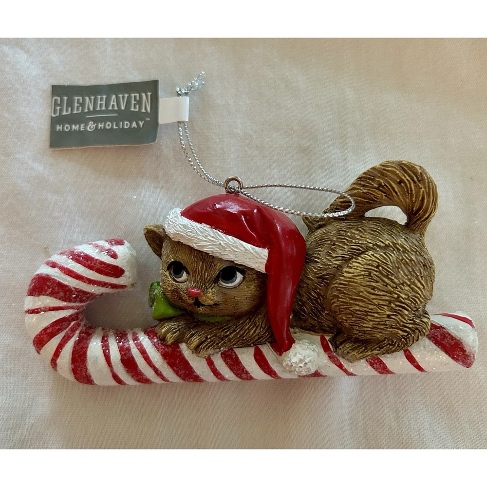 Cat Kitty Christmas Xmas Ornament Brown W Santa Hat Candy Cane Glitter Cat Lover